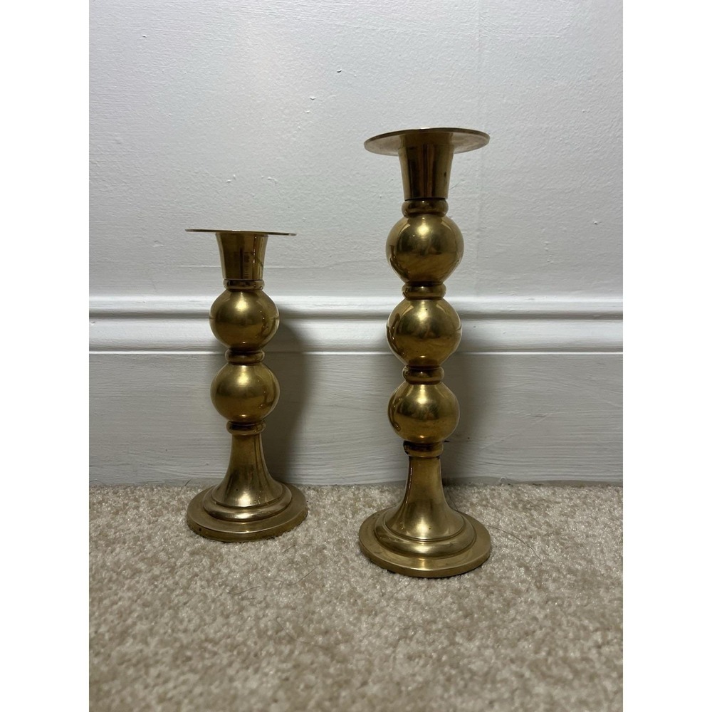 2 Vintage Crate and Barrel Brass Candlestick Holders - 8" and 6.5" Retro MCM